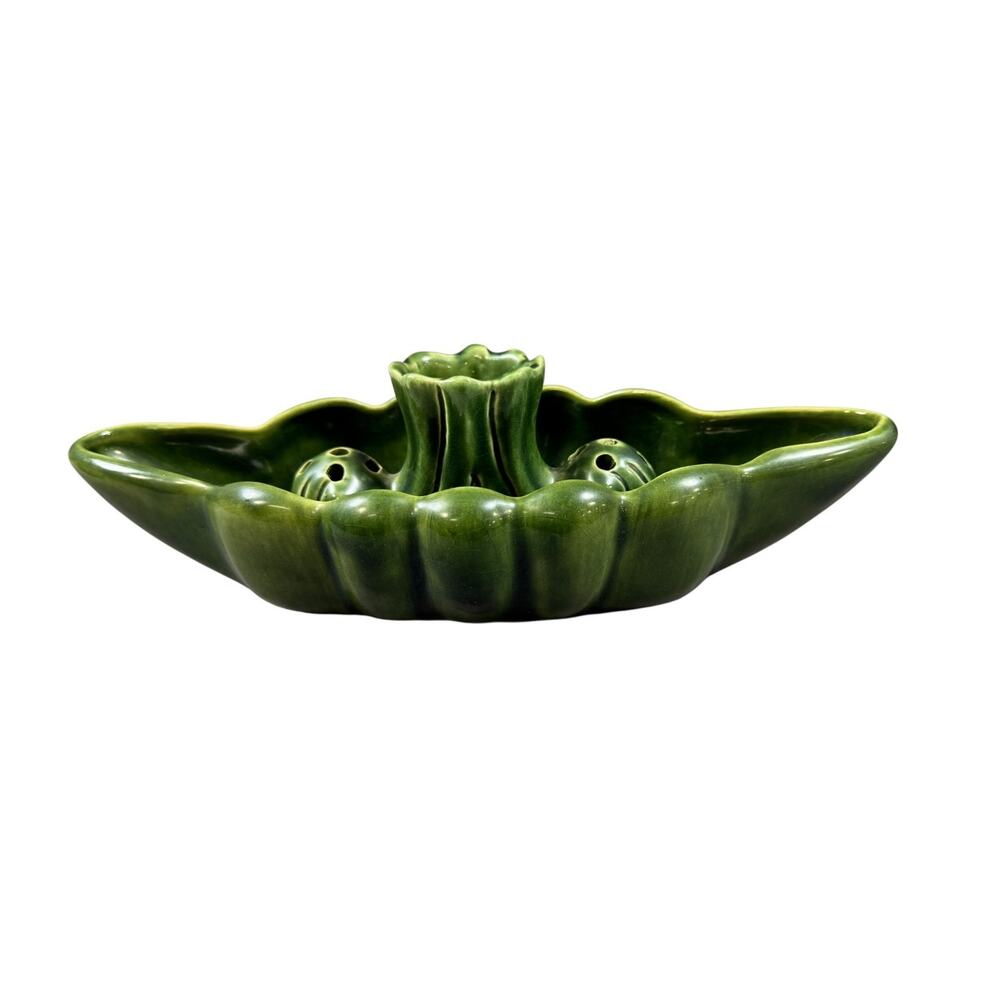 Vintage Van Briggle Console Bowl With Flower Frog Green Pottery Planter Oval